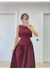Omarı Uzun Bordo Kanatlı Elbise