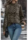 Zarif Leopar Desenli Balıkçı Yaka Bluz