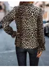 Zarif Leopar Desenli Balıkçı Yaka Bluz