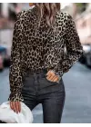 Zarif Leopar Desenli Balıkçı Yaka Bluz