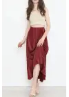 Omarı Parlak Krep Gizli Lastikli Bordo Etek
