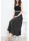 Omarı Parlak Krep Siyah Pileli Etek