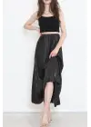 Omarı Parlak Krep Siyah Pileli Etek