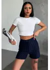 Omarı Yüksek Bel Esnek Çizgili Şort Lacivert