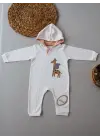 Omarı Zürafa Nakışlı Kapşonlu Bebek Tulumu - Ekru Renkli