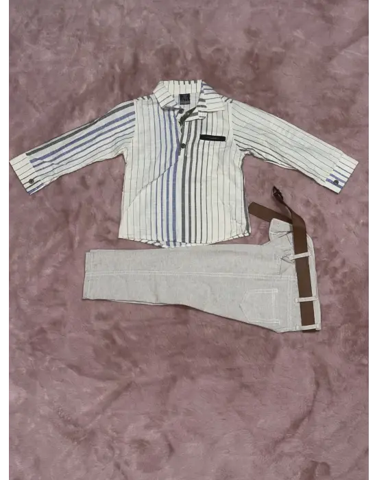 1-6 yaş gömlek pantolon kemerli erkek çocuk alt üst takım keten bej