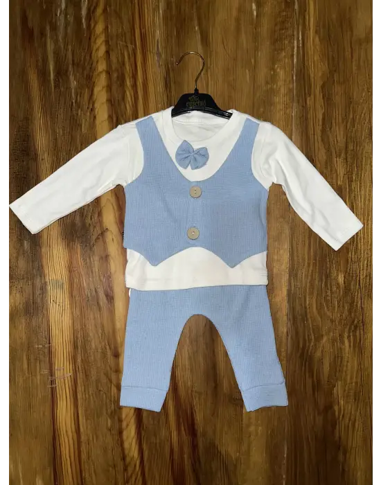 Omarı Mavi Beyaz Papyonlu Bebek Takımı 3-12 Ay