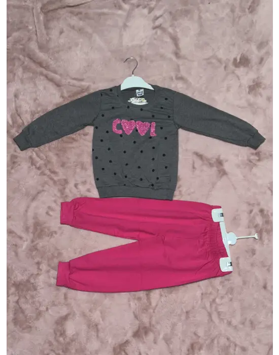 3-7 yaş pontiyeli ikili alt üst takım gri fuşya kız çocuk