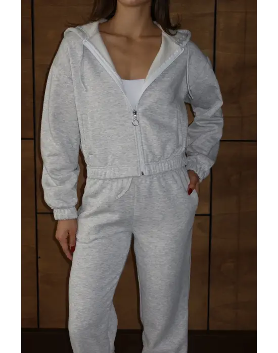 3 iplik şardonlu Kapşonlu fermuarlı kısa üst gri pat8590