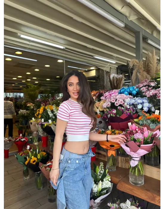 Omarı Fuşya Çizgili Manşet T-Shirt