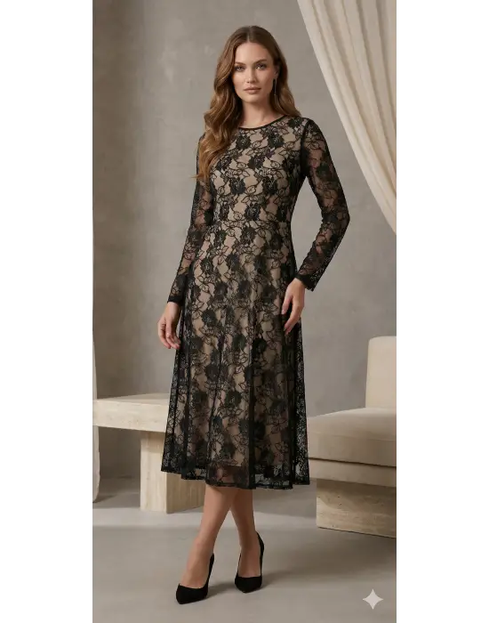 Kadın Uzun Kollu Bisiklet Yaka Dantelli Astarlı Midi Elbise