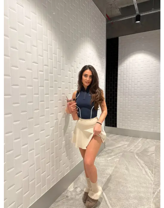 Lacivert Fermuarlı Bilyeli Bluz