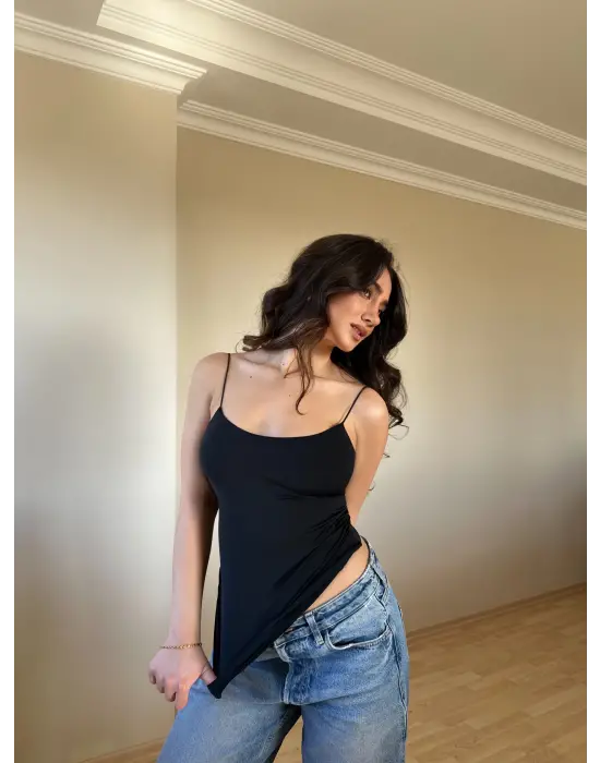 Omarı Siyah Poliamid İp Askılı Bluz