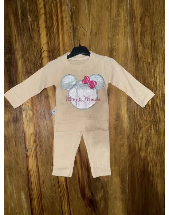Omarı Sevimli Ayıcık Desenli Bebek Takımı Krem