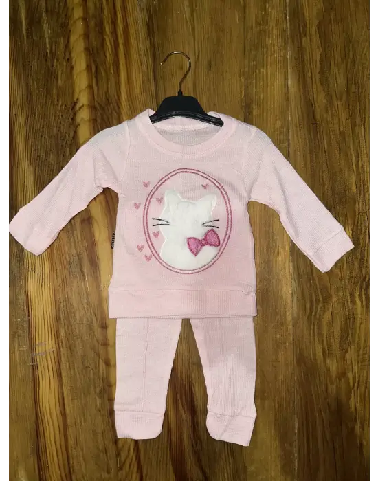 Omarı Pembe Kedi Desenli 3-12 Aylık Bebek Takımı