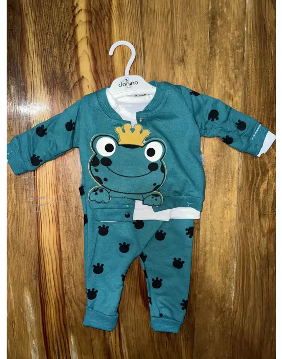 Omarı Sevimli Kurbağa Desenli Bebek Takımı Mavi