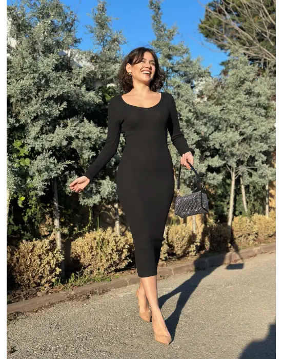 V yaka Uzun kollu midi boy elbise siyah A3154