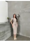 Kuşaklı mdl esnek kumaşlı elbise bej pt