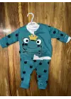 Omarı Sevimli Kurbağa Desenli Bebek Takımı Mavi