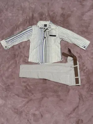 1-6 yaş gömlek pantolon kemerli erkek çocuk alt üst takım keten bej