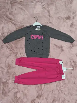 3-7 yaş pontiyeli ikili alt üst takım gri fuşya kız çocuk