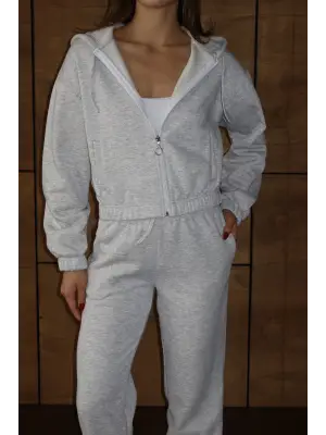 3 iplik şardonlu Kapşonlu fermuarlı kısa üst gri pat8590