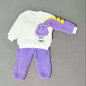 Minik Dino Desenli Kuzu Kumaş Sweat Pantolon Takımı