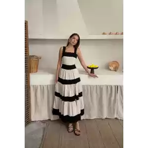 Bej Arkası Fiyonklu Keten Elbise