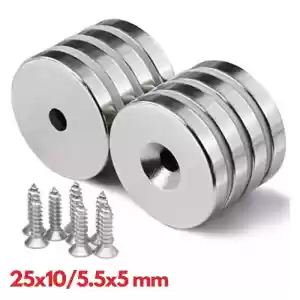Güçlü Neodyum Mıknatıs - Havşa Delikli N35 Nikel Kaplama Magnet