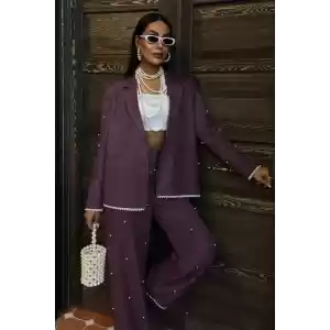 İnci Detaylı Ceket Pantolon Keten Takım 10124