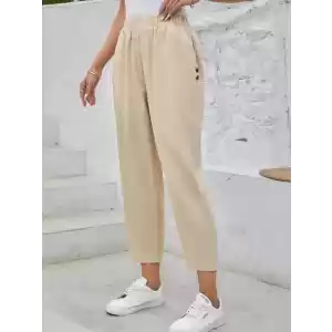 Kadın Yüksek Bel Yandan Cepli Düğme Detaylı Geniş Kesim Ithal Krep Pantolon