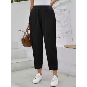 Kadın Yüksek Bel Yandan Cepli Düğme Detaylı Geniş Kesim Ithal Krep Pantolon