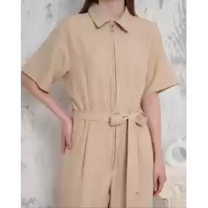 Kuşaklı gömlek yaka salaş tulum bej s255822