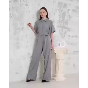 Kuşaklı gömlek yaka salaş tulum gri s255822