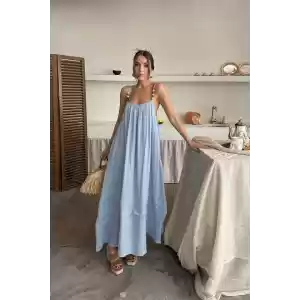 Mavi Askılı Müslin Elbise