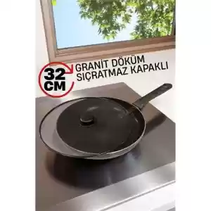 ModaCar Granit Döküm Tava Yağ Sıçratmaz Kapaklı -Yapışmaz Taban 32 Cm