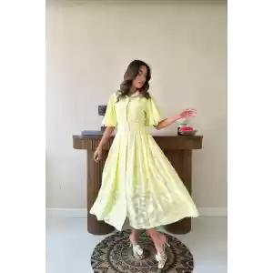 Sarı Kemerli Balon Kollu Elbise