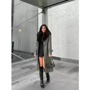 Şık ve Trend Kürk Detaylı Deri Kaban