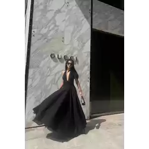 Siyah Askılı Keten Elbise