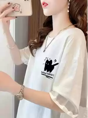 Baskılı Oversize Bisiklet Yaka T-shirt - Beyaz