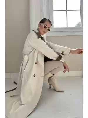 Bej Haki Arkası Çizgili Ve Kemerli Trençkot