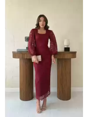 Bordo Güpür Detaylı Dantel Elbise