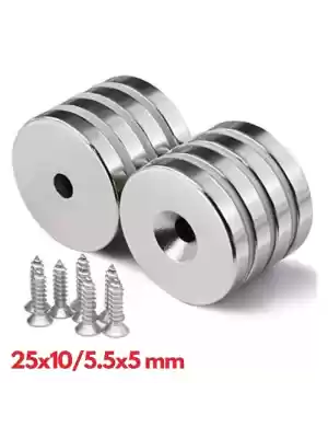 Güçlü Neodyum Mıknatıs - Havşa Delikli N35 Nikel Kaplama Magnet