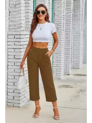 Kadın Beli Lastikli Düğme Ve Cep Detaylı Kapri Ithal Keten Pantolon