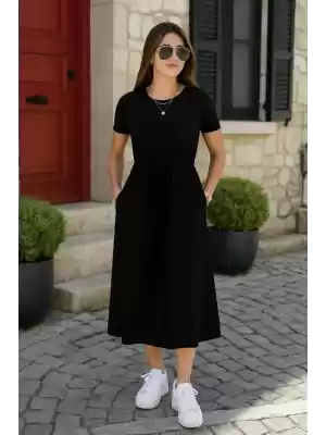 Kadın Kısa Kollu Bisiklet Yaka Belden Bağlamalı önü Bağcık Detaylı Maksi Boy Viskon Elbise