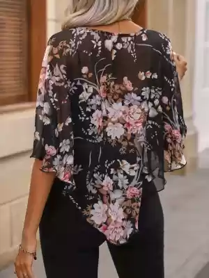 Kadın Kısa Kollu Yuvarlak Yaka çiçek Baskılı Asimetrik Kesim şifon Bluz