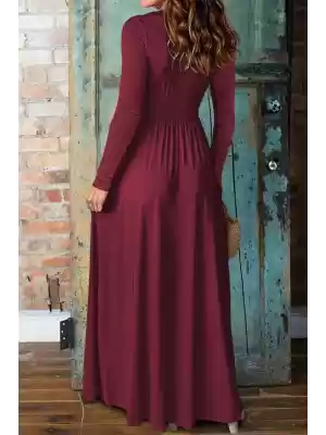 Kadın Uzun Kollu V Yakalı Belden Büzgülü Yırtmaçlı Uzun Viskon Elbise