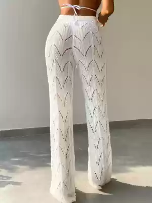 Kadın Yüksek Bel Bağcıklı Desenli Triko Plaj Pantolon