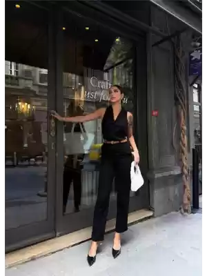 KETEN DUBLE PAÇA DERİ TABA KEMERLİ PANTOLON - Siyah