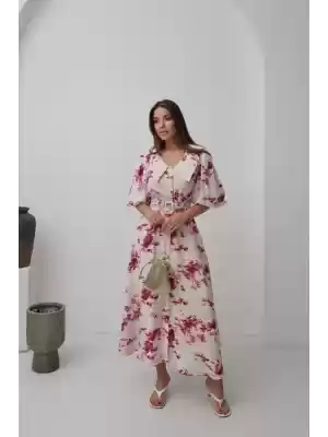Kırmızı Desenli Kemerli Elbise